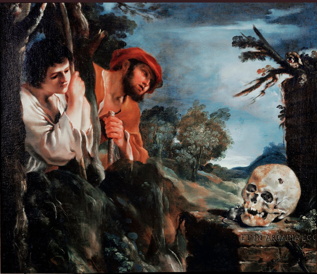 The Shepherds of Arcadia Men runt en grav på den grekiska ön Peloponnesos. Målning (Vanita) av Giovanni Francesco Barbieri Guerchin på Il Guercino (1591-1666) 1618 runt Rom, Galleria Corsini av Guercino
