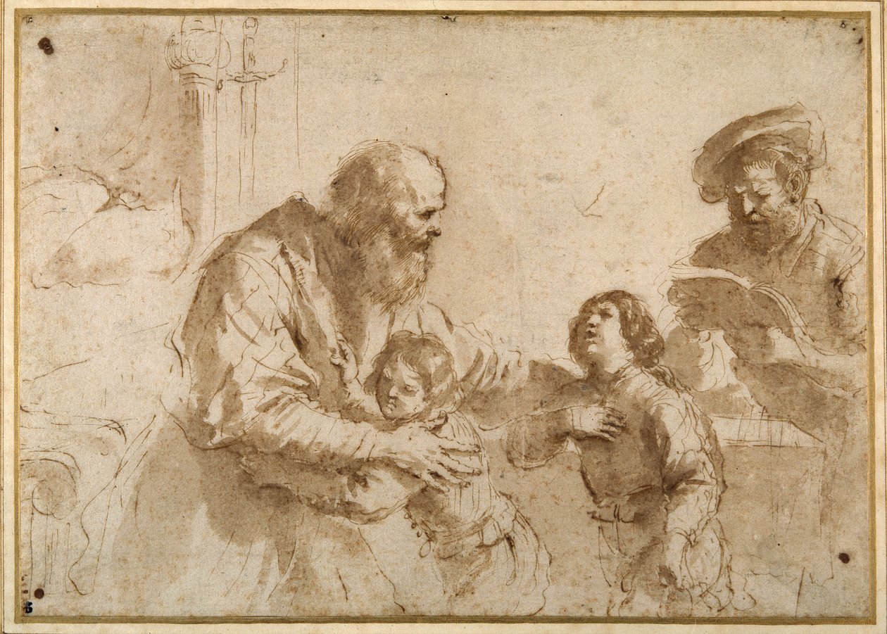 Två pojkar tröstade av en skäggig äldre, medan en annan skäggig, medelålders man läser en bok (penna och bläck över krita, med tvätt på papper) av Guercino