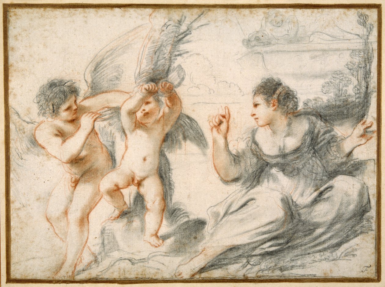 Venus skäller ut Amor, medan en äldre Amor binder honom vid ett träd (svarta och röda krita på papper) av Guercino