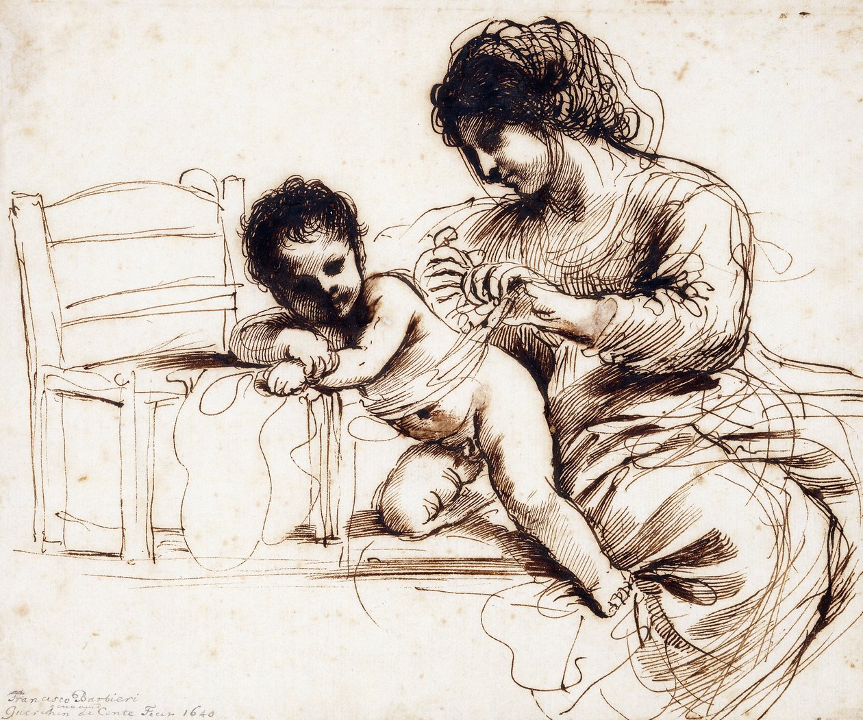 En mor och ett barn vid en stol, av Guercino