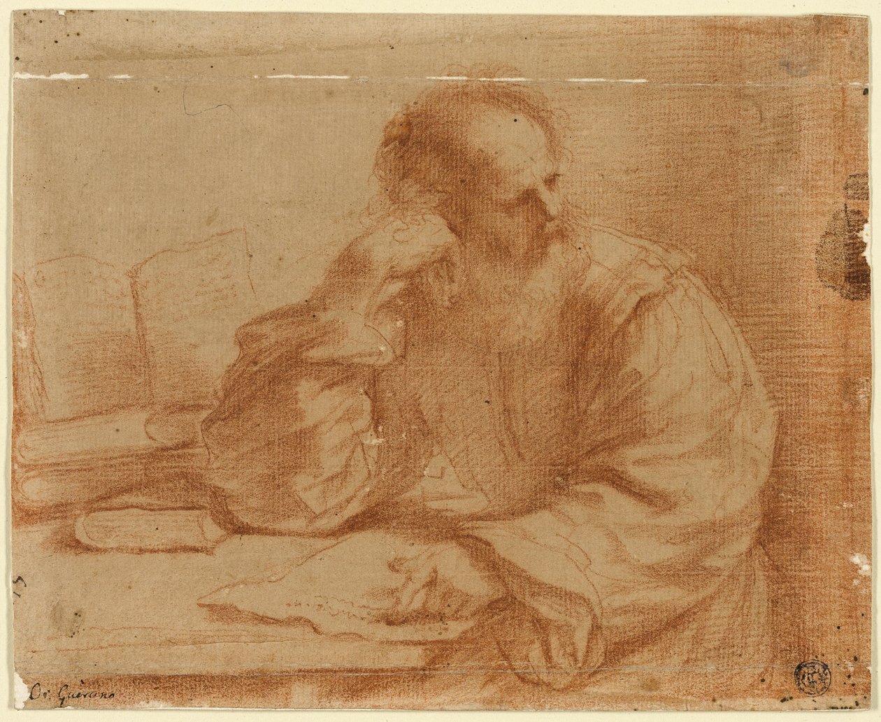 Skäggig man sitter vid bordet av Guercino