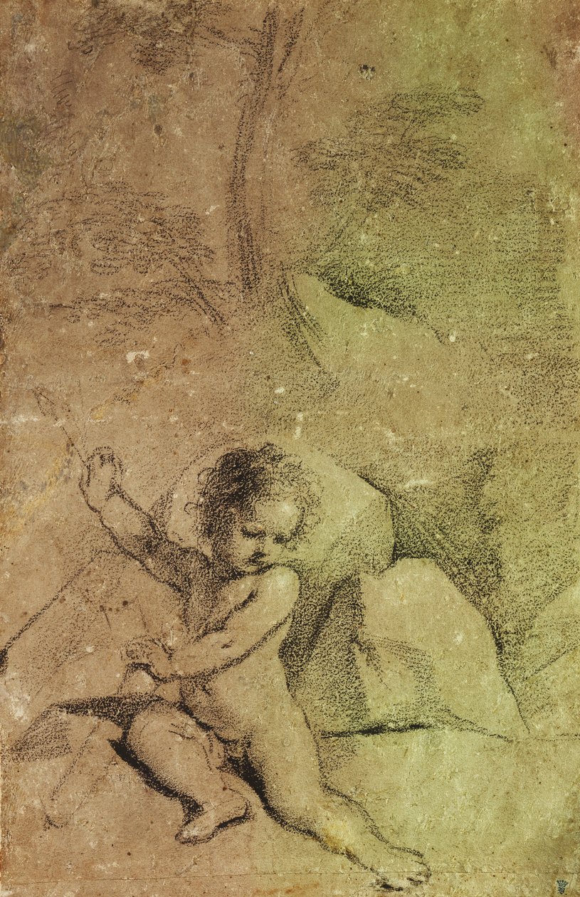 Amor som ritar en pil från ett koger, i ett landskap, av Guercino