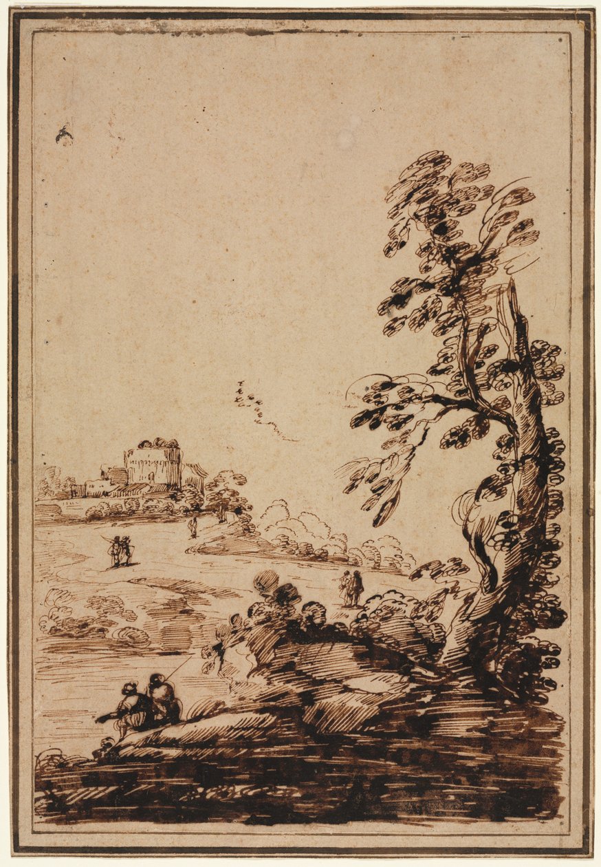 Landskap med liten grupp byggnader, andra hälften av 1700-talet. av Guercino