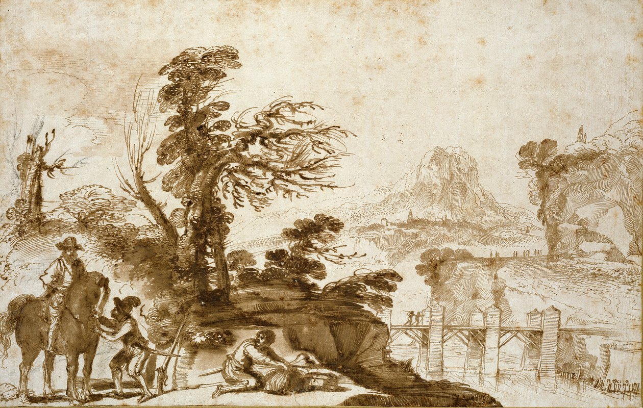 Landskap med en ryttare och en bro, tidigt 1600-tal av Guercino
