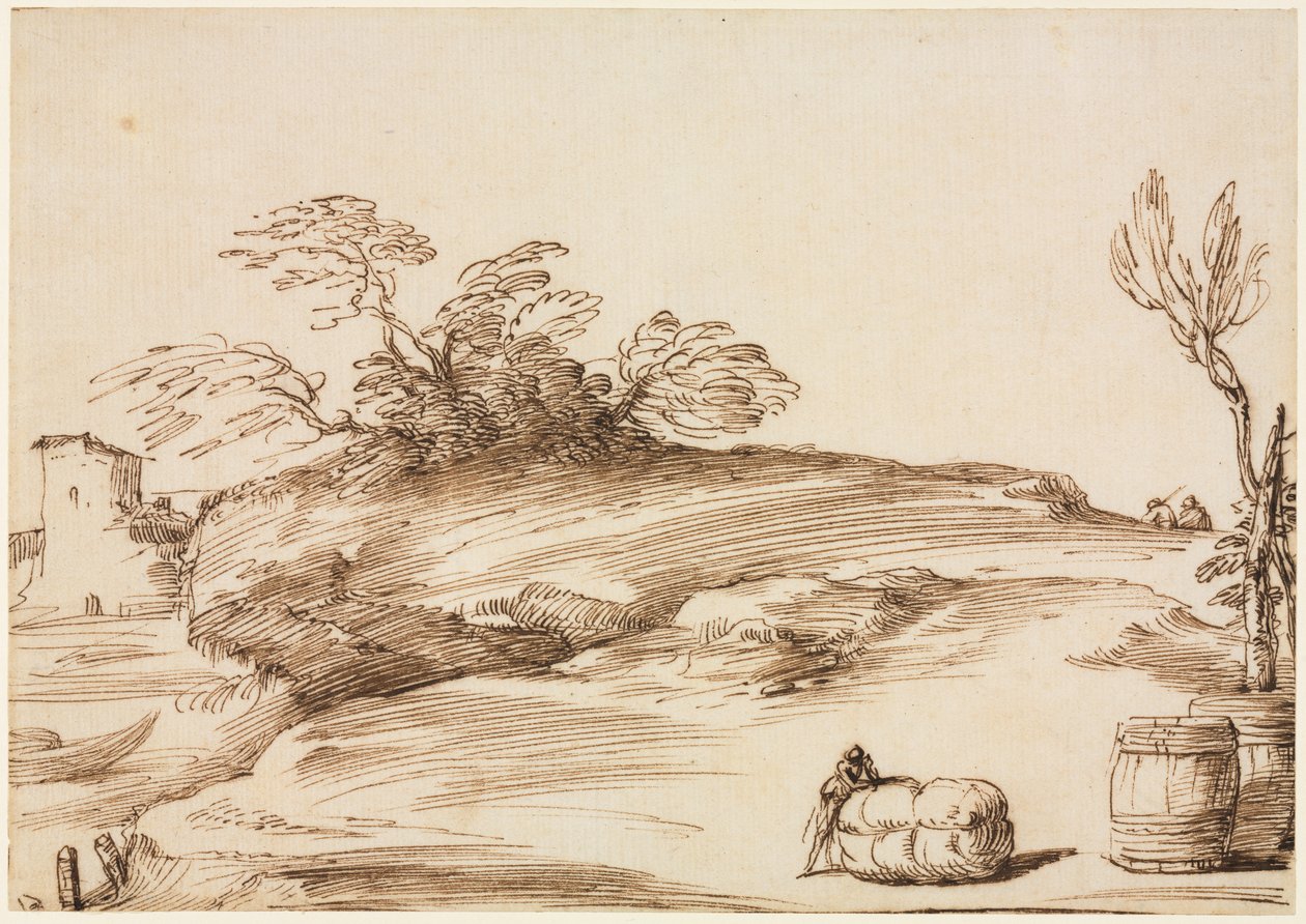 Landskap med en man lutad på en bal av Guercino