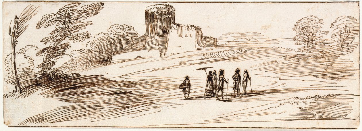 Landskap med borg och figurer av Guercino