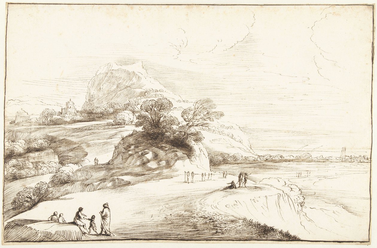 Bergslandskap med en avlägsen utsikt av Guercino