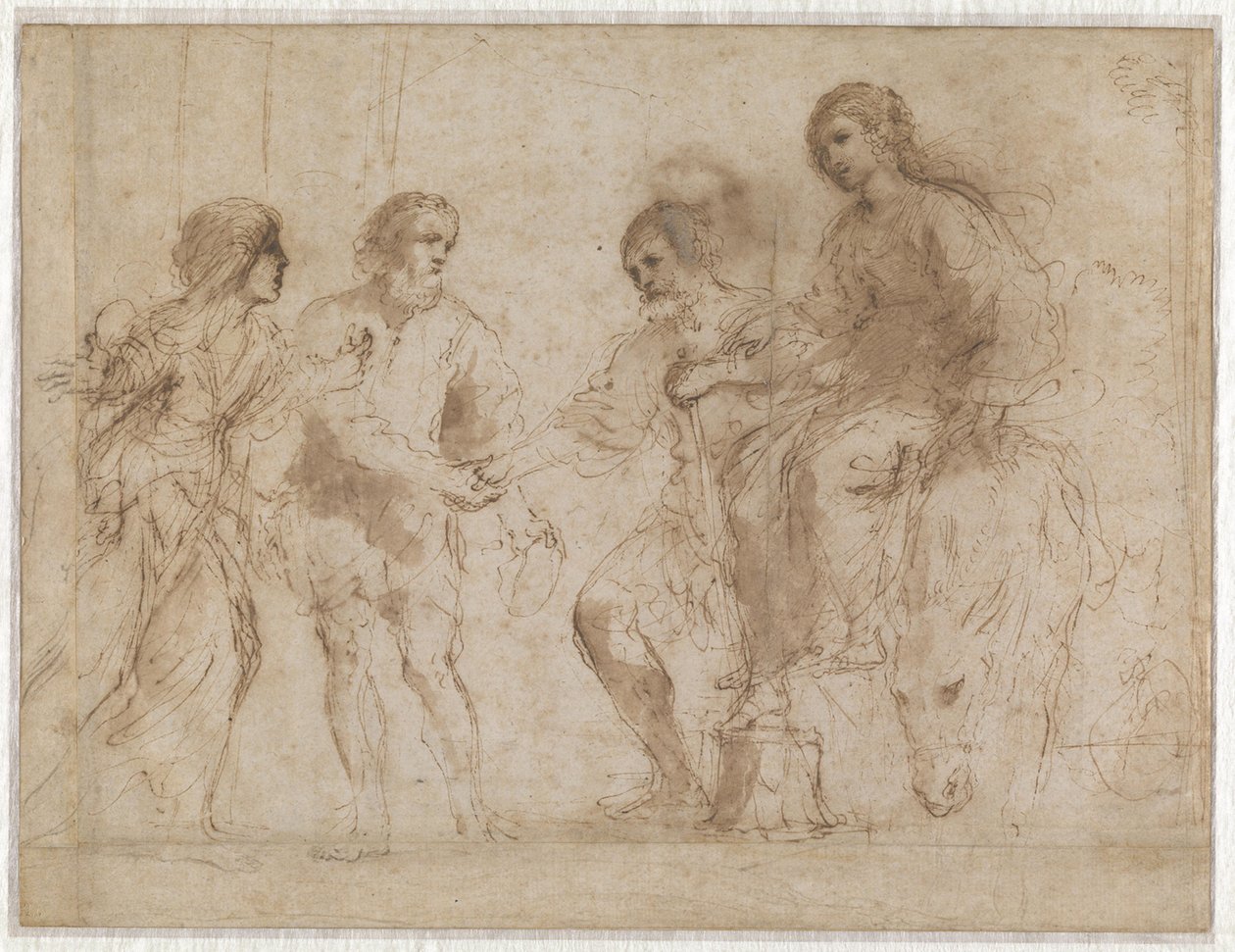 Mötet mellan Maria och Josef framför Elisabet och Sakarias hus (framsidan) Maria och Elisabet vid foten av en trappa (baksidan) av Guercino