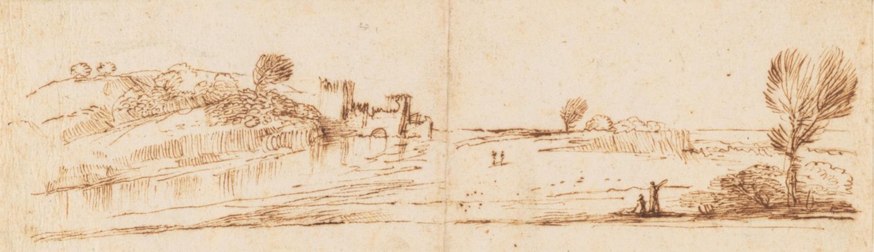 Panoramalandskap med en flod av Guercino