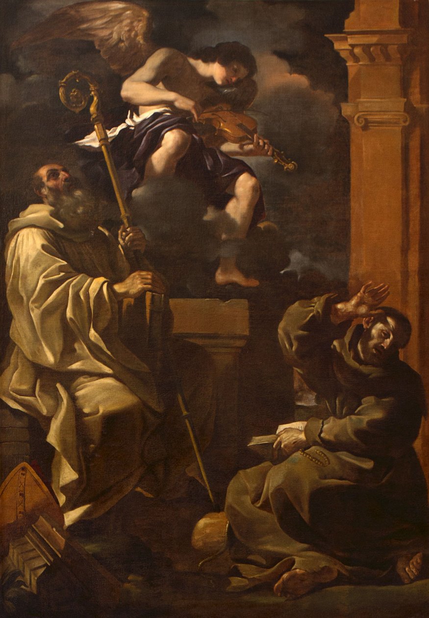 Saint Benedict och Saint Francis lyssnar på en musikerängel. av Guercino
