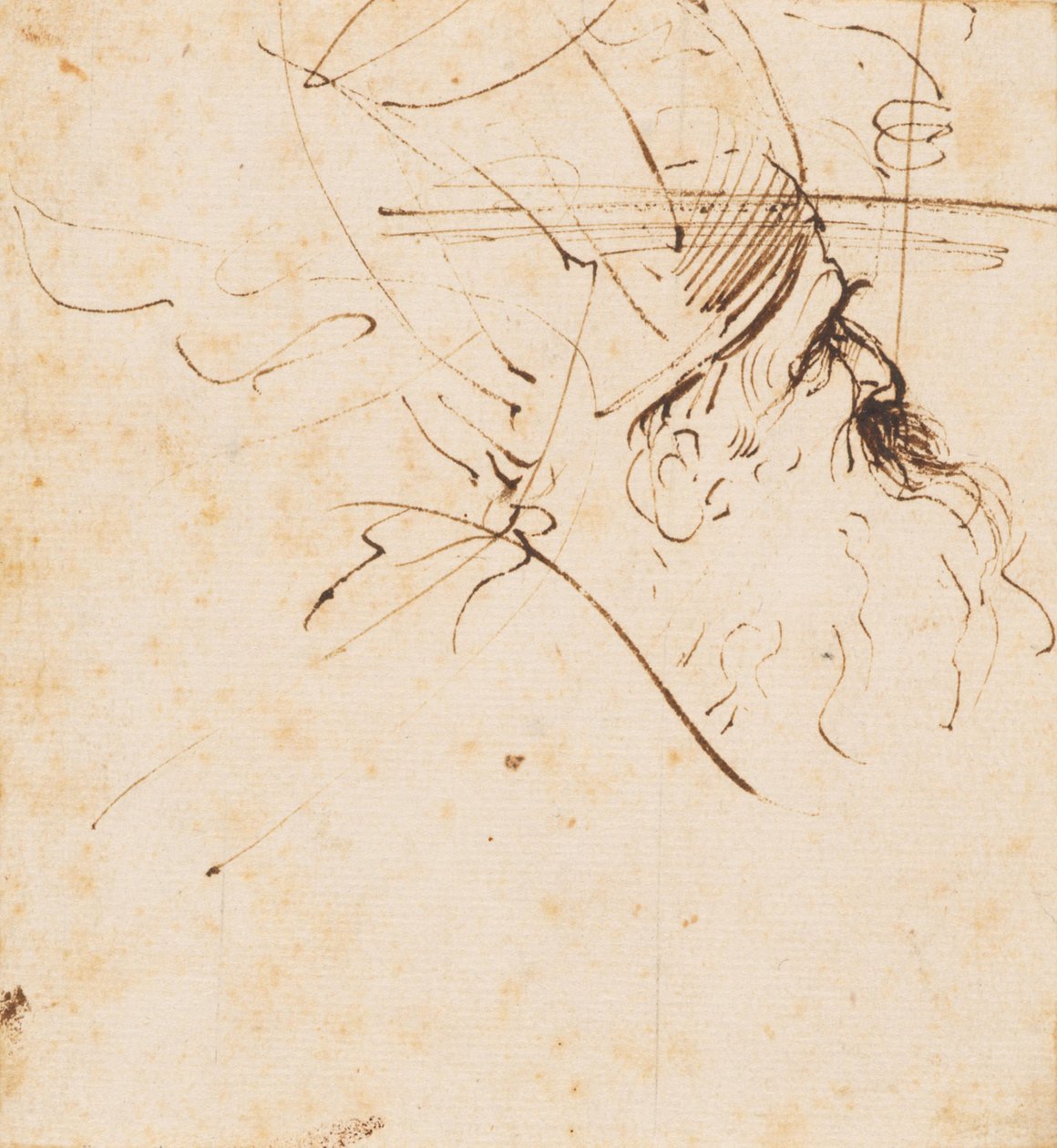 Skiss av ett prästhuvud med mitra, blickande uppåt till höger av Guercino