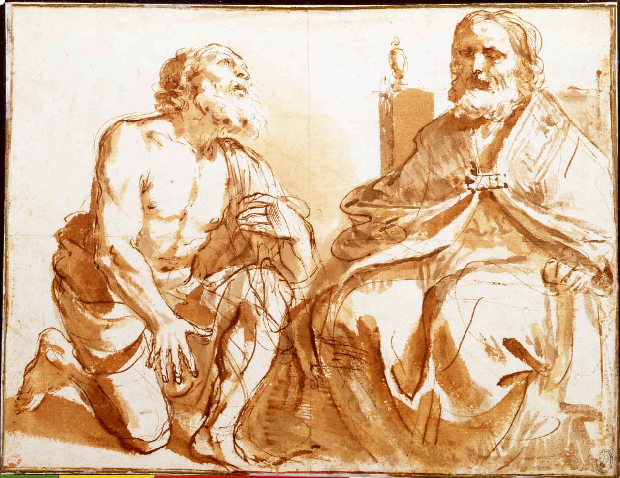 Sittande biskop och knästående helgon av Guercino