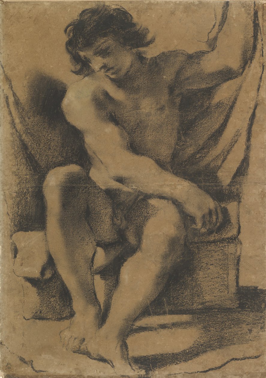 Sittande naken ung man i nästan framifrån, ca. 1618. av Guercino