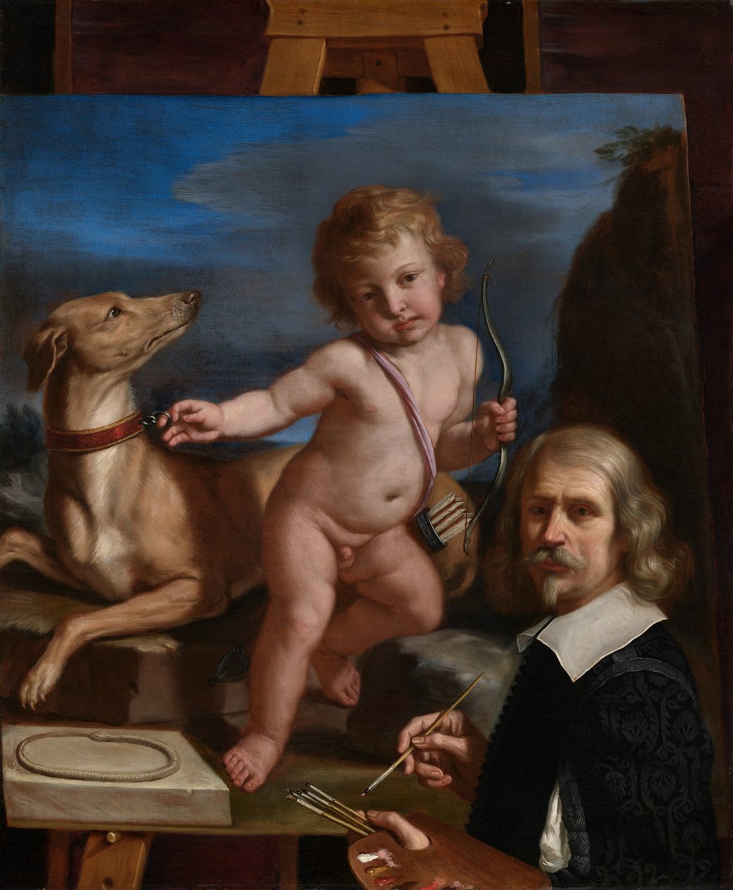 Självporträtt framför en målning av ”Amor Fedele” av Guercino