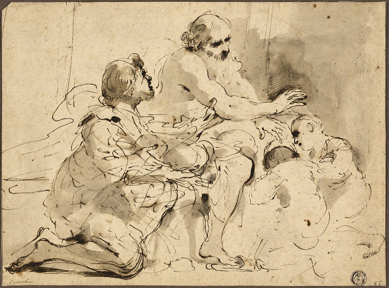 Studie för Jakob som välsignar Josefs söner (recto); Skisser: Saint Christopher; Två siffror i konversation över pengar (verso) av Guercino