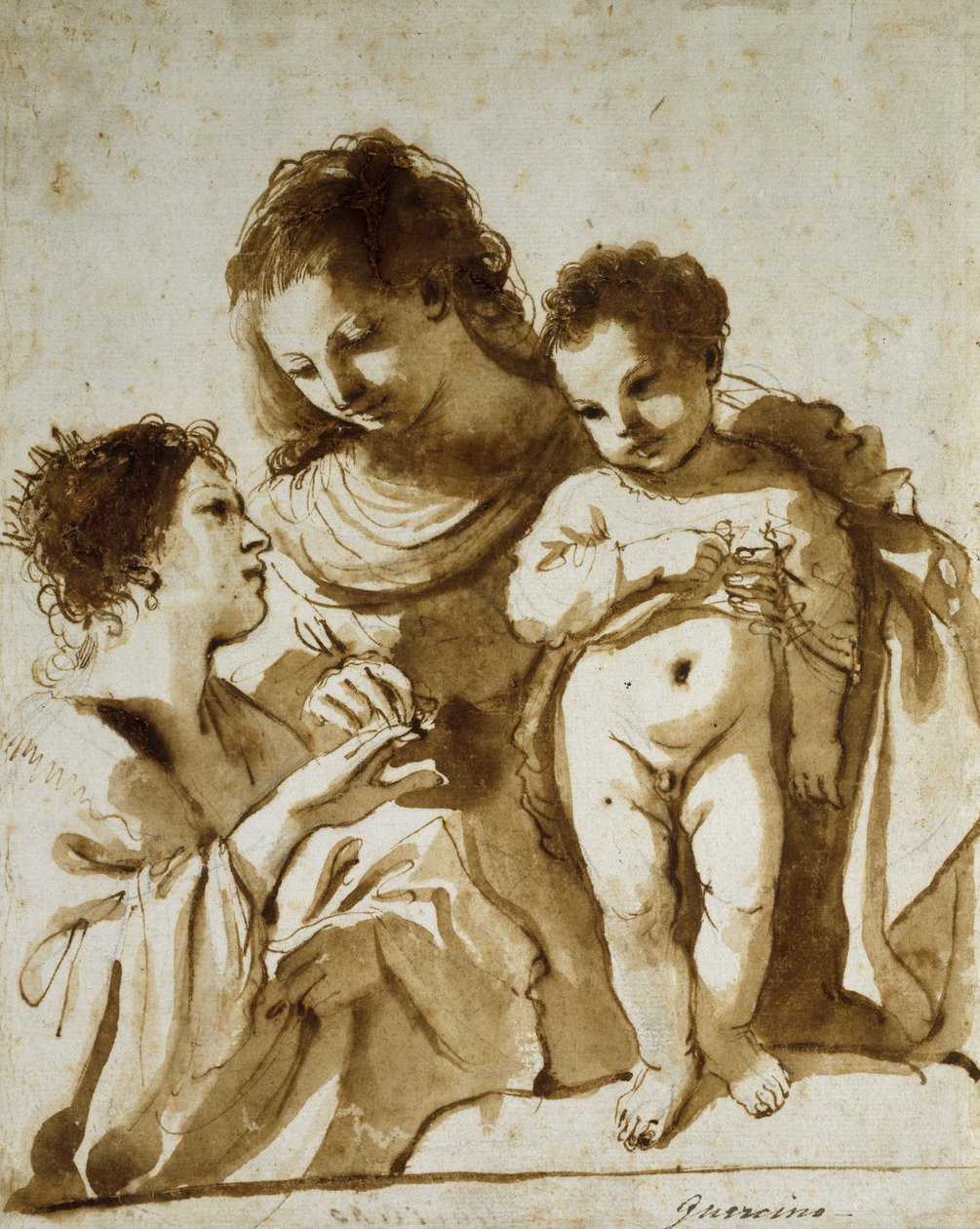 The Mystic Marriage of St Catherine, 1618-19 (penna & brunt bläck med brunt tvätt över indikationer i svart krita på vitt papper) av Guercino