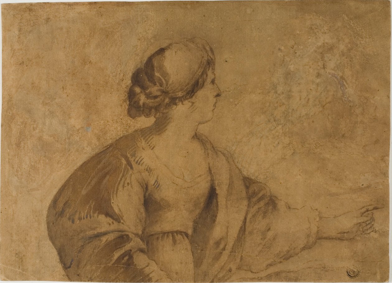 Kvinna i profil, pekar med vänster hand av Guercino