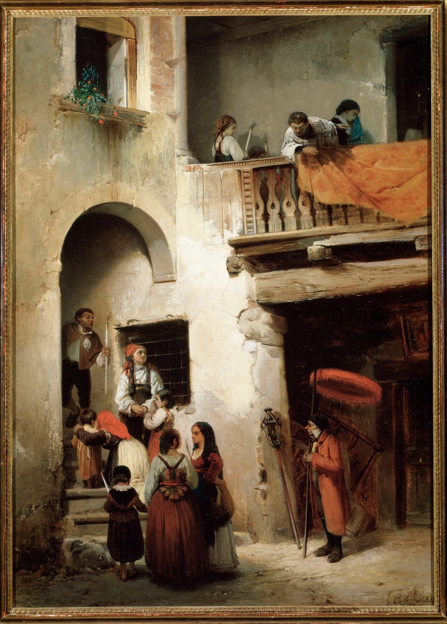 Extrem sammansmältning, en familj som väntar utanför en döende mans hus Målning av Guglielmo Castoldi (1823-1882) 1858 Dim 89x64 cm Genes, Galleria d