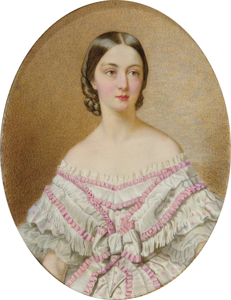 Porträtt av Françoise, hertiginna av Chartres (1844-1925) i vit klänning och sjal med rosa bikupor; av Guglielmo Faija