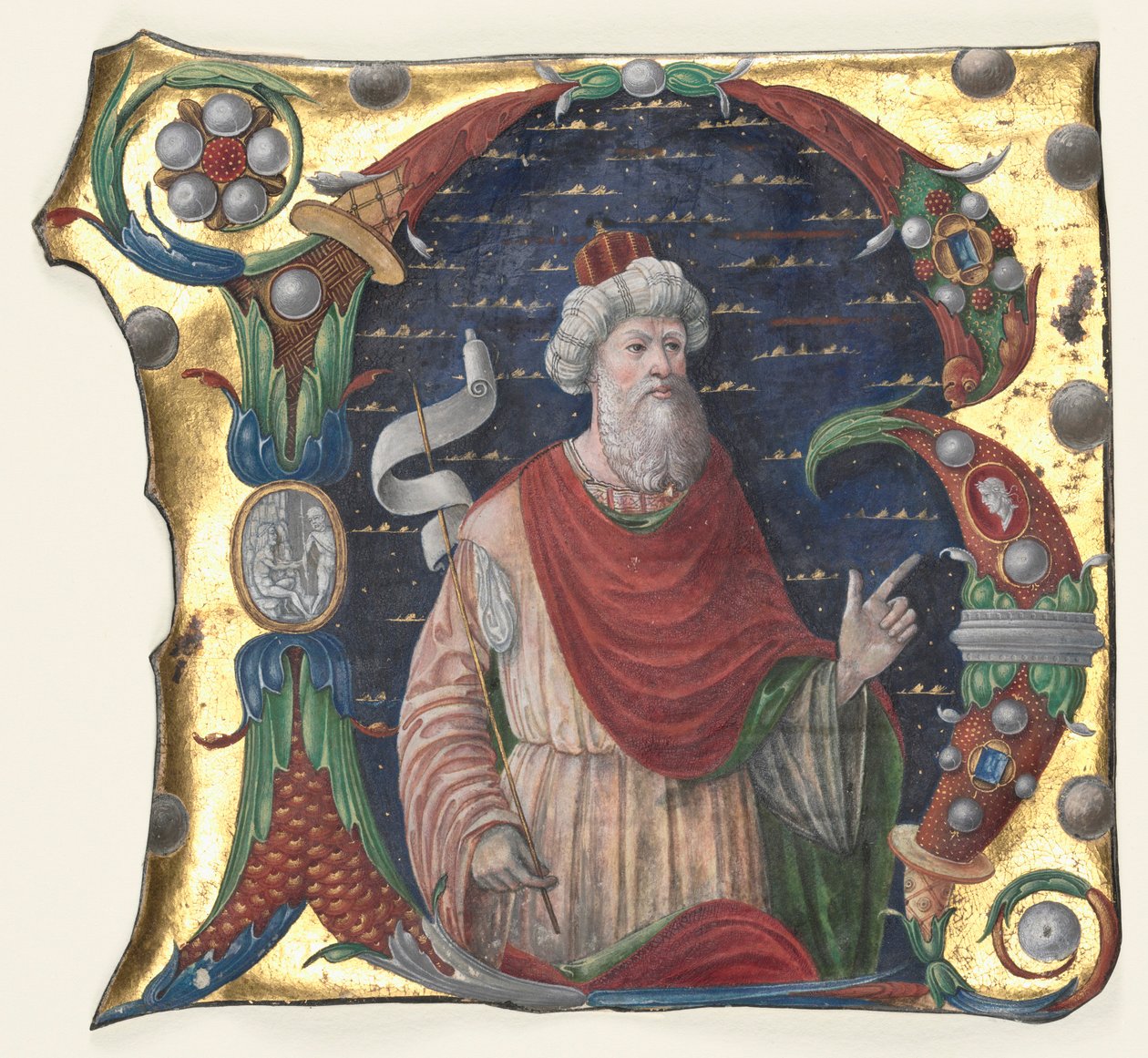 Initial R från en körbok med kung David, ca. 1470-1480. av Guglielmo Giraldi del Magri [or del