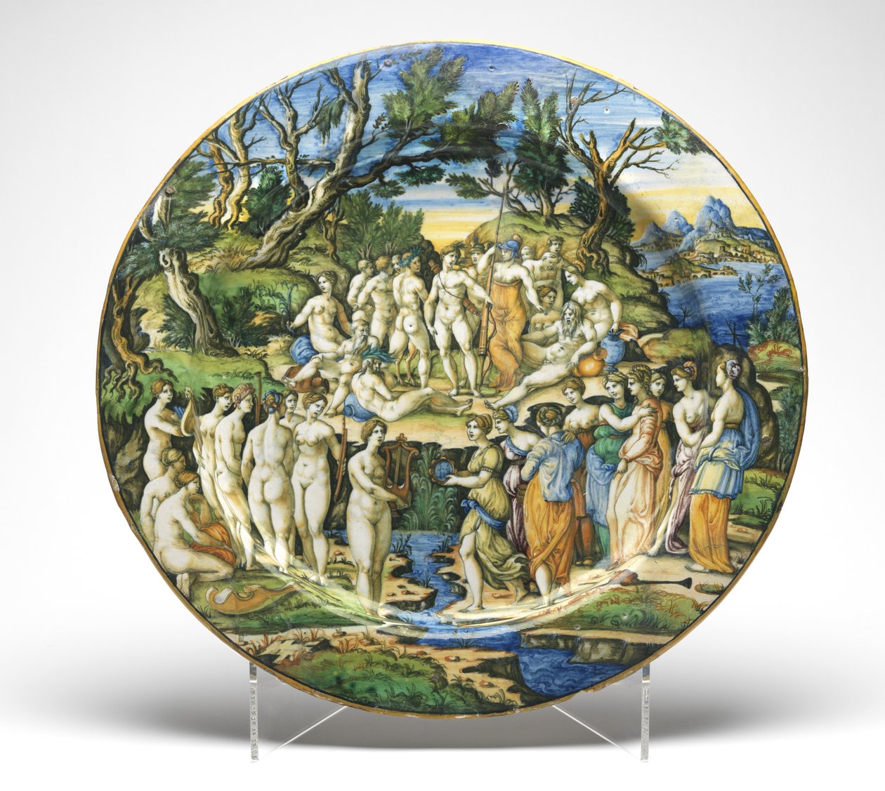 Tävlingen mellan muserna och pieriderna, ca 1545-50 (tennglaserat lergods) av Guido Durantino