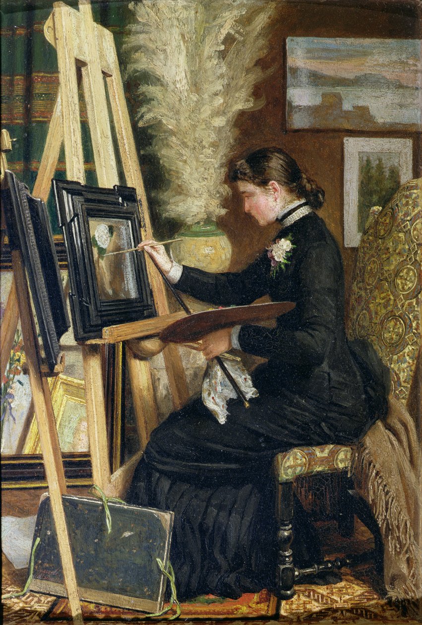 Porträtt av Josephine Gillow målande vid ett staffli, 1880 av Guido Guidi