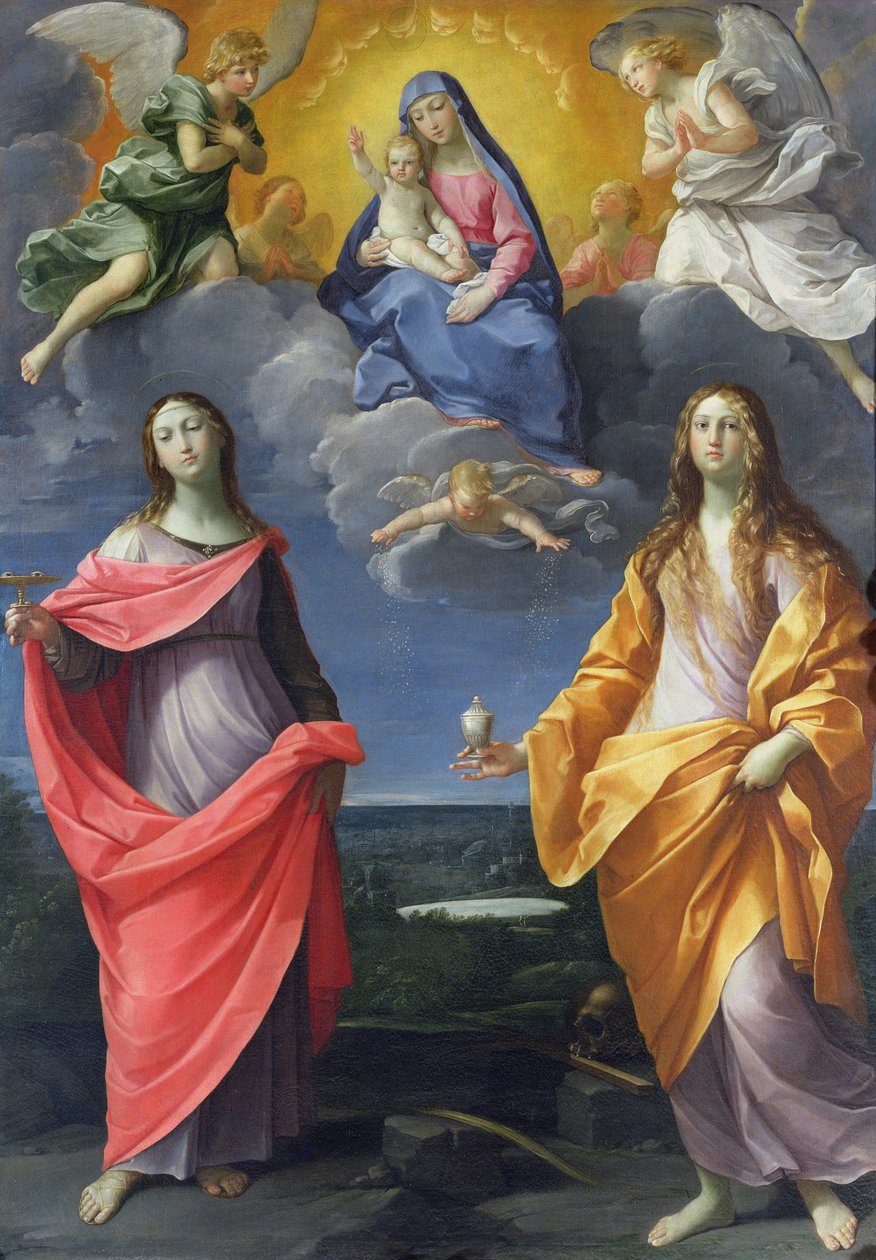 Madonna och barn med St. Lucy och Maria Magdalena, kallad Snöns Madonna, ca 1623 av Guido Reni