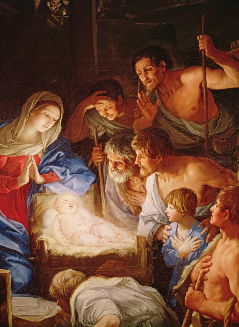Herdarnas tillbedjan, detalj av gruppen som omger Jesus av Guido Reni