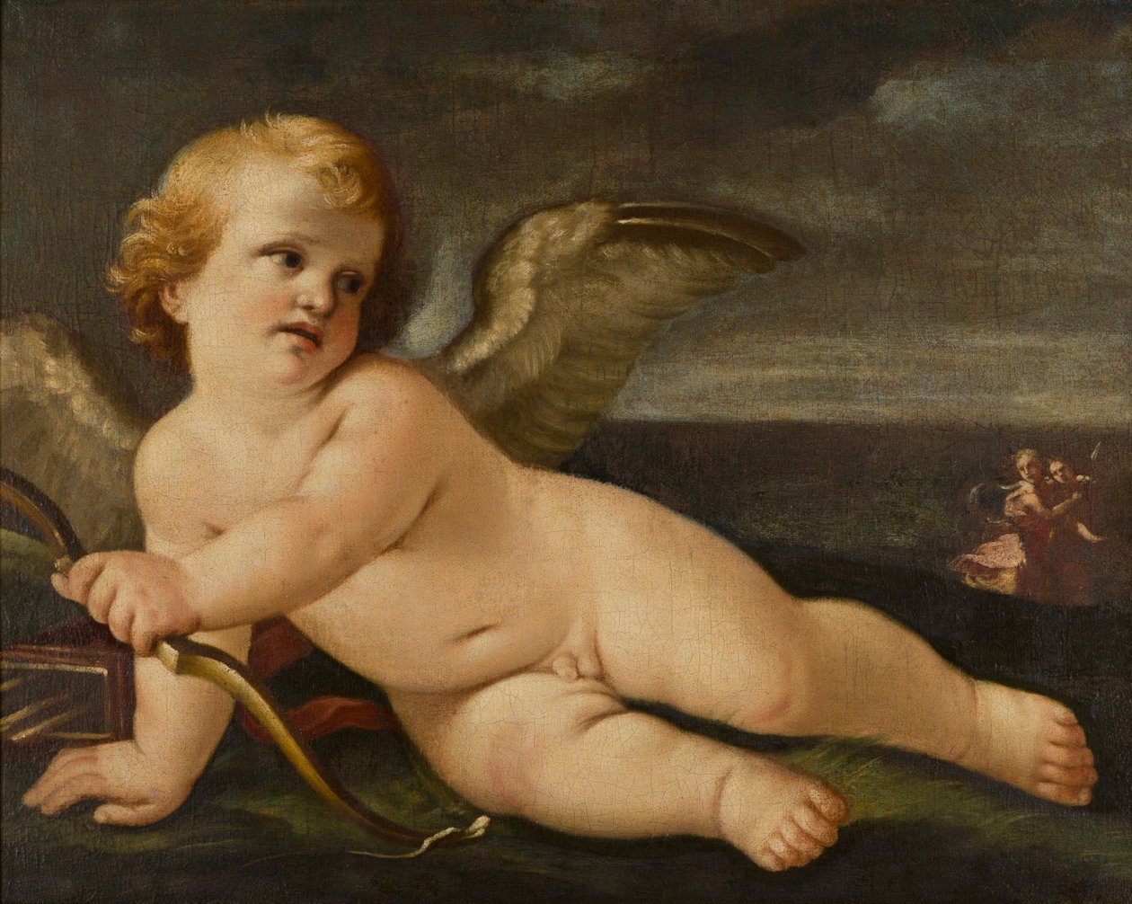 Amor med sin båge, ca 1595-1642 (olja på duk) av Guido (follower of) Reni