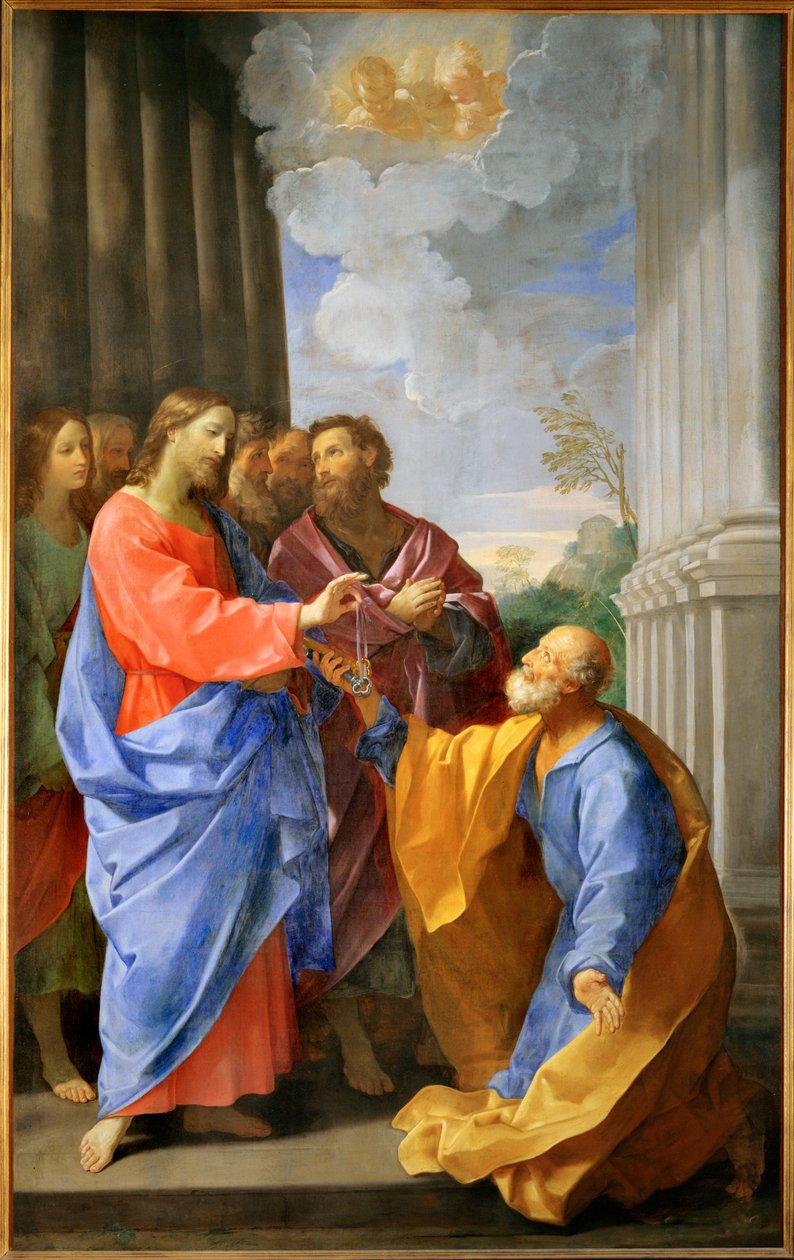 Le Christ remettant les clefs a Saint Pierre - Kristus överlämnar nycklarna till Sankt Peter ... av Guido (follower of) Reni