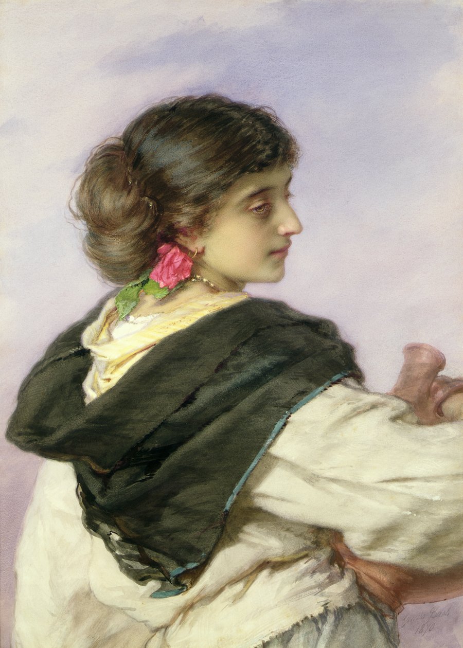 En ung vattenbärare, 1870 (wc och bodycolour på papper) av Guido Bach