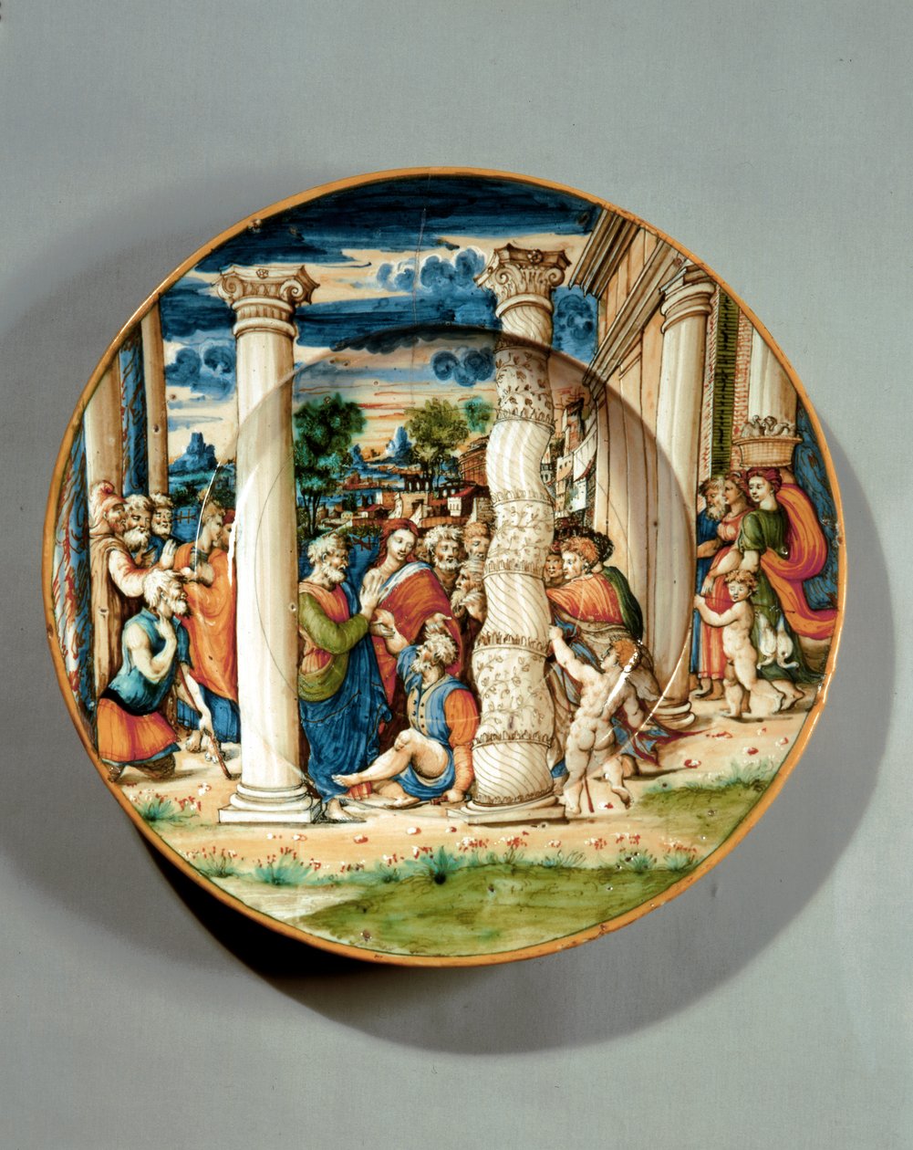 Fat föreställande S:t Petrus och S:t Johannes som botar den lame mannen vid templet, ca 1540-50 (maiolica) av Guido Di (workshop of) Merlino