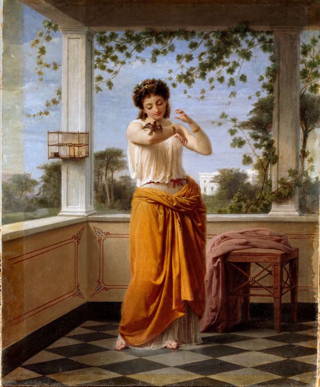 Den flyktiga Unga kvinnan i nyklassicistisk inredning, en liten fågel flyr ur sin bur sitter på armen. Målning av Guido Gonin (1833-1906) Dim. 57x47 cm Genes Nervi, Galleria av Arte Moderna, inv. 102 av Guido Gonin