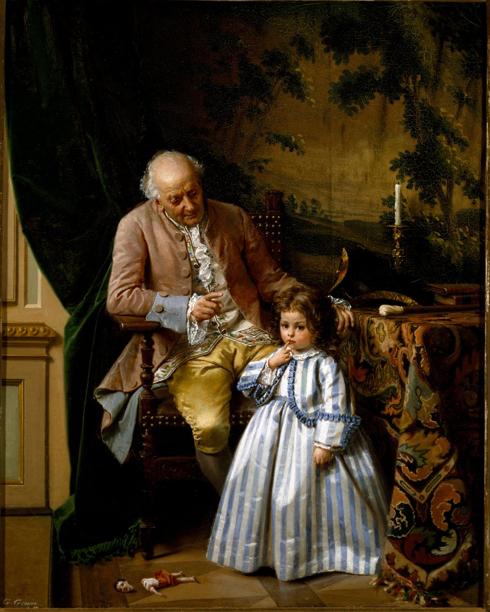 Reprimanden. En liten flicka får skäll för att hon har sönder sin docka. Leksaken föll till golvet. Målning av Guido Gonin (1833-1906) av Guido Gonin