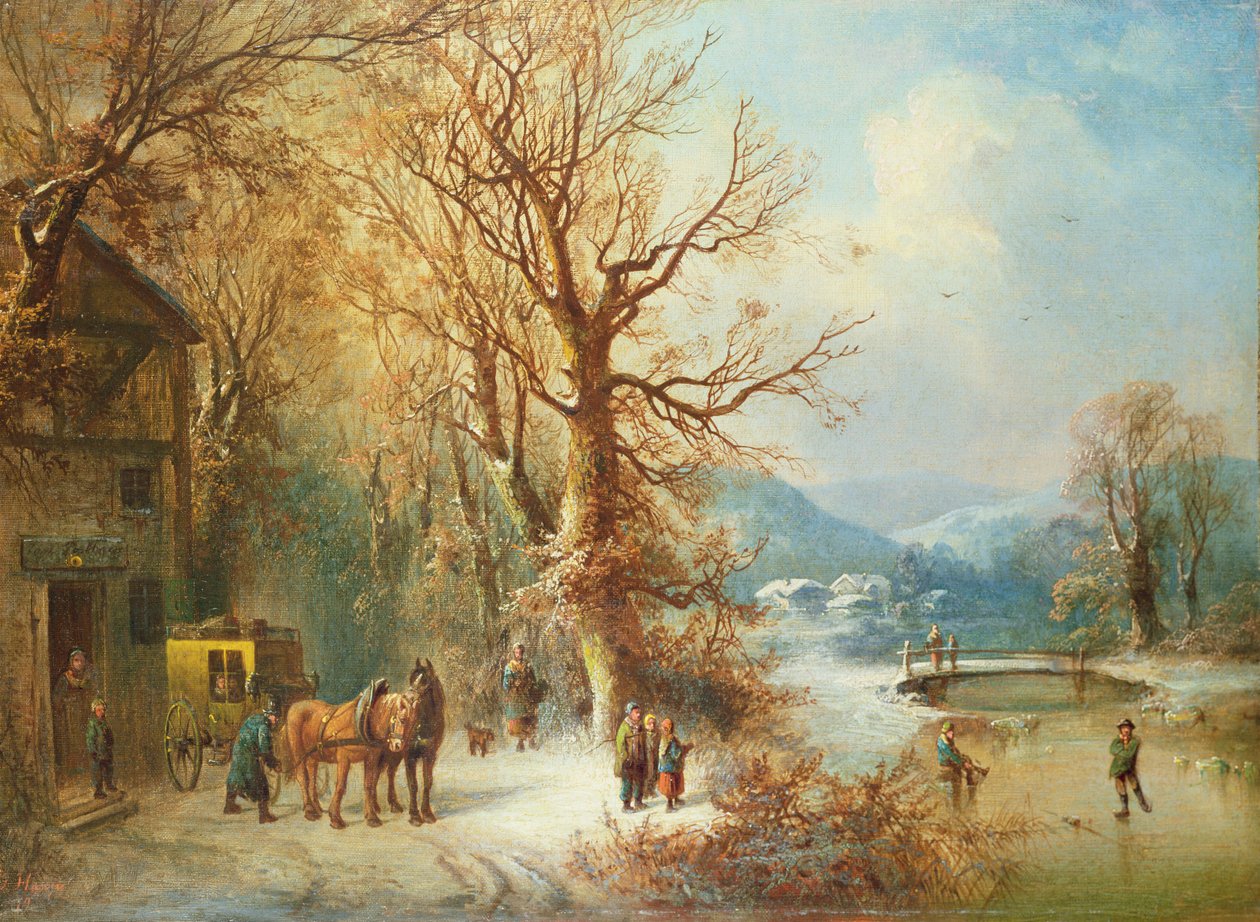 Tränare och hästar i ett snöigt landskap av Guido Hampe