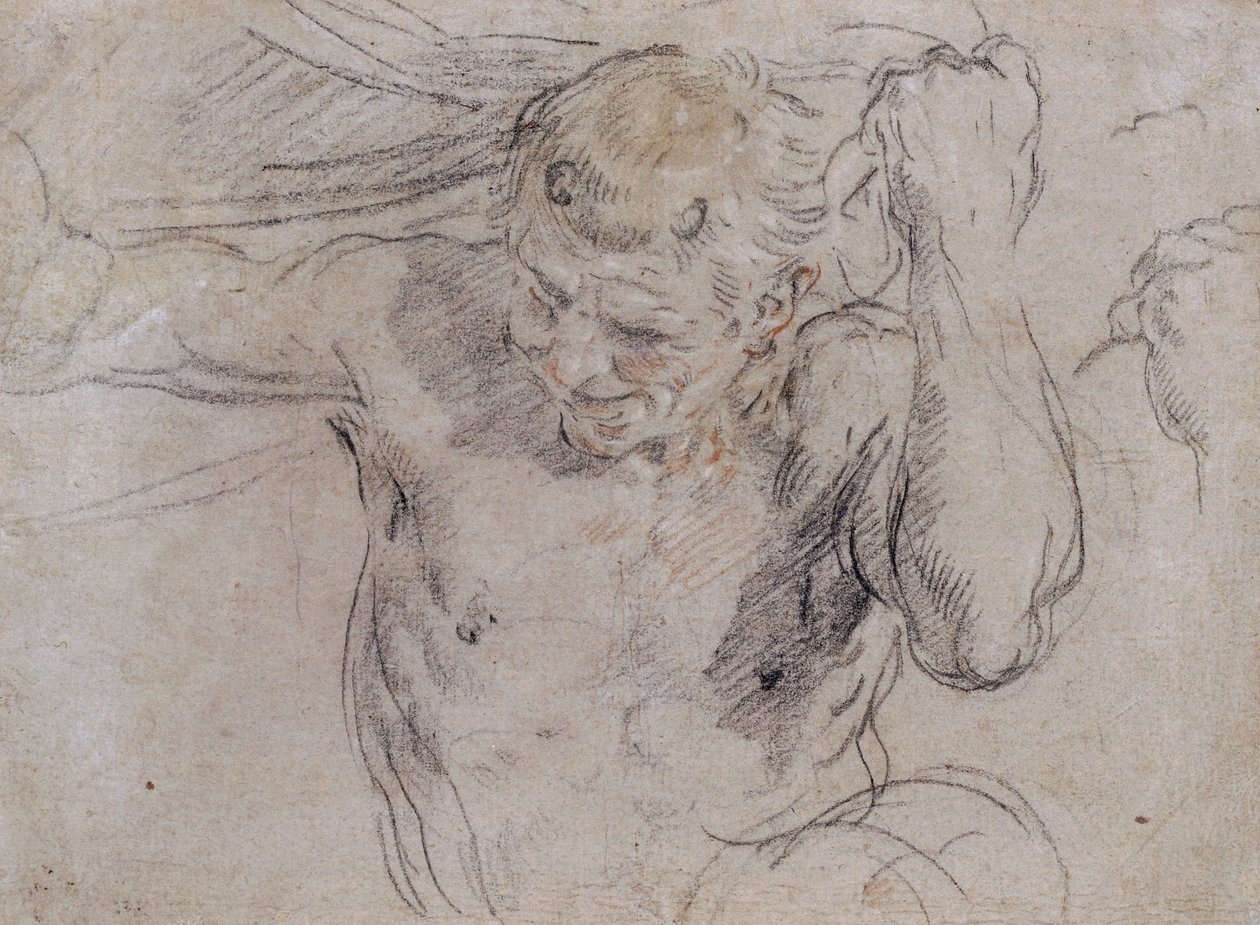 Ett Satyrlyftdraperi och en understudie av hans vänstra hand av Guido Reni