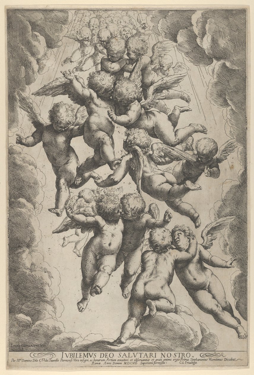 En grupp änglar som omfamnar under flykten, inramade av moln, ca. 1607., ca. 1607. av Guido Reni