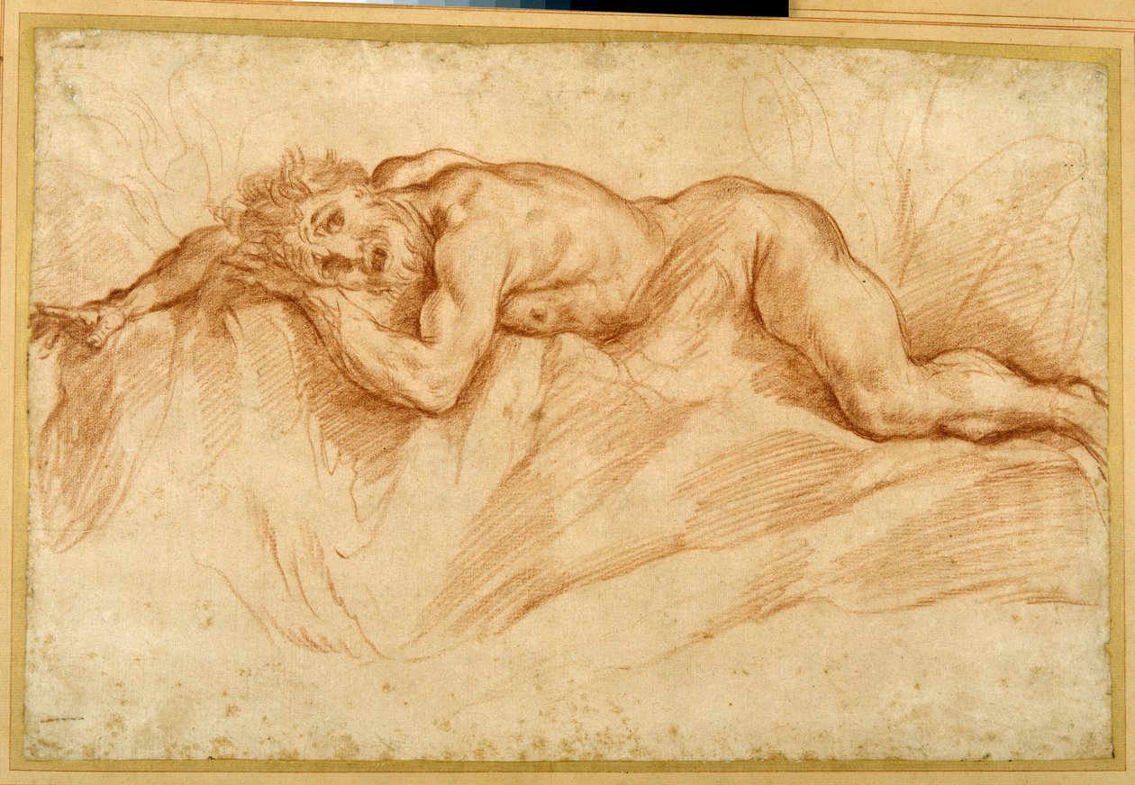 En livrädd naken man, liggande på stenig mark (röd krita på papper) av Guido Reni