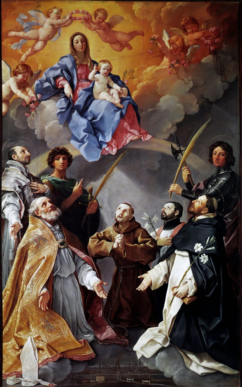 Pestens altartavla: Jungfru med barn med den helige Petronius, den helige Franciskus, den helige Ignatius, den helige Frans Xavier, Proculus av Bologna och Florianus (målning av Guido Reni