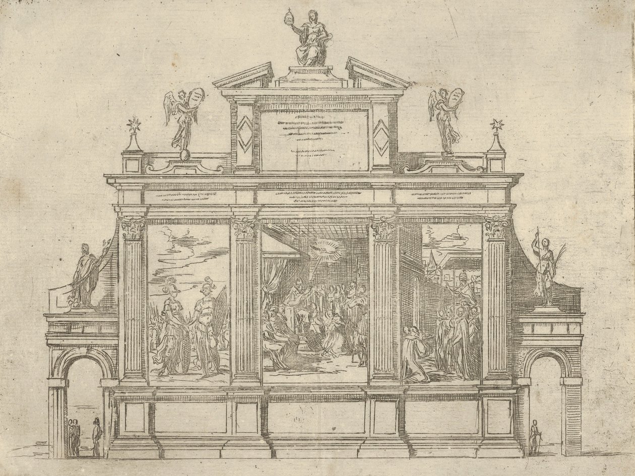 Fasad av ett triumfmonument med tre scener som visar påven Clement VIIIs gärningar, en t..., 1598. av Guido Reni