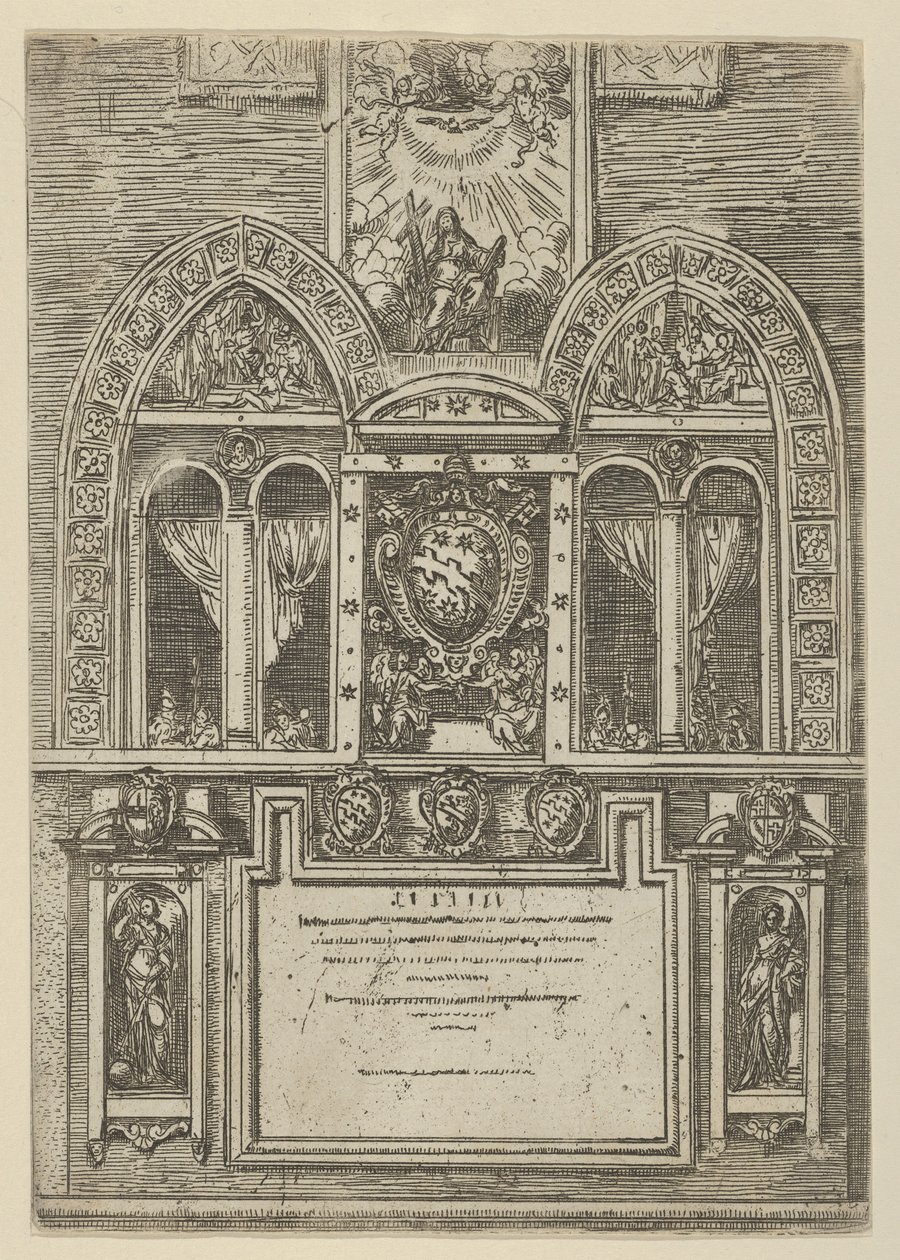 Fasad av Palazzo del Senato i Bologna med de påvliga vapen i centrum, med tillfällig ..., 1598. av Guido Reni