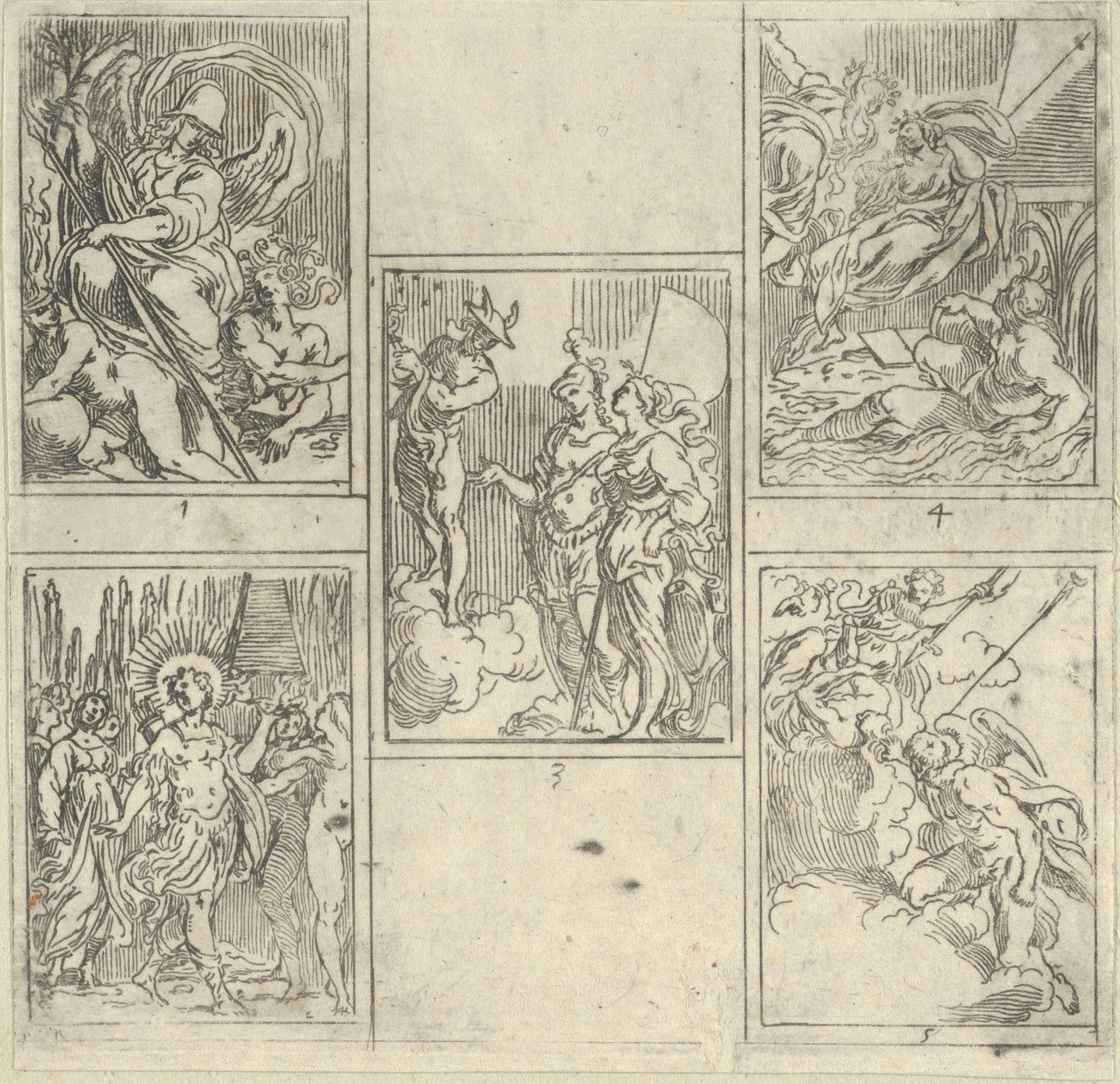 Fem numrerade scener, var och en efter en målare i Accademia Degli Incamminati, från IL FUME..., 1603. av Guido Reni