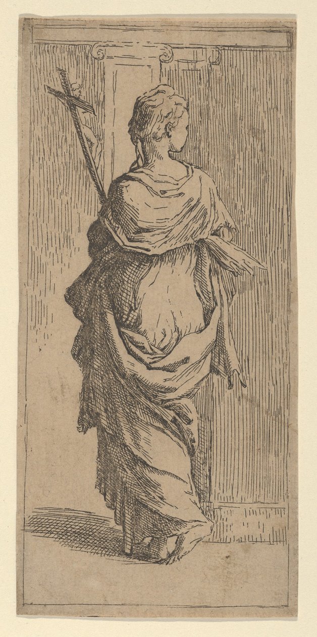 Flicka som bär ett krucifix och kliver mot en pilaster, sedd bakifrån, ca. 1590-1600. av Guido Reni