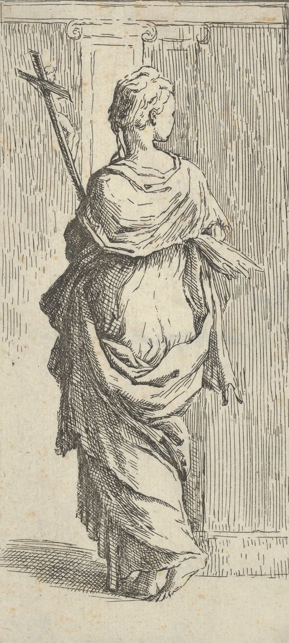 Flicka som bär ett krucifix och kliver mot en pilaster, sedd bakifrån, ca. 15..., ca. 1590-1600. av Guido Reni