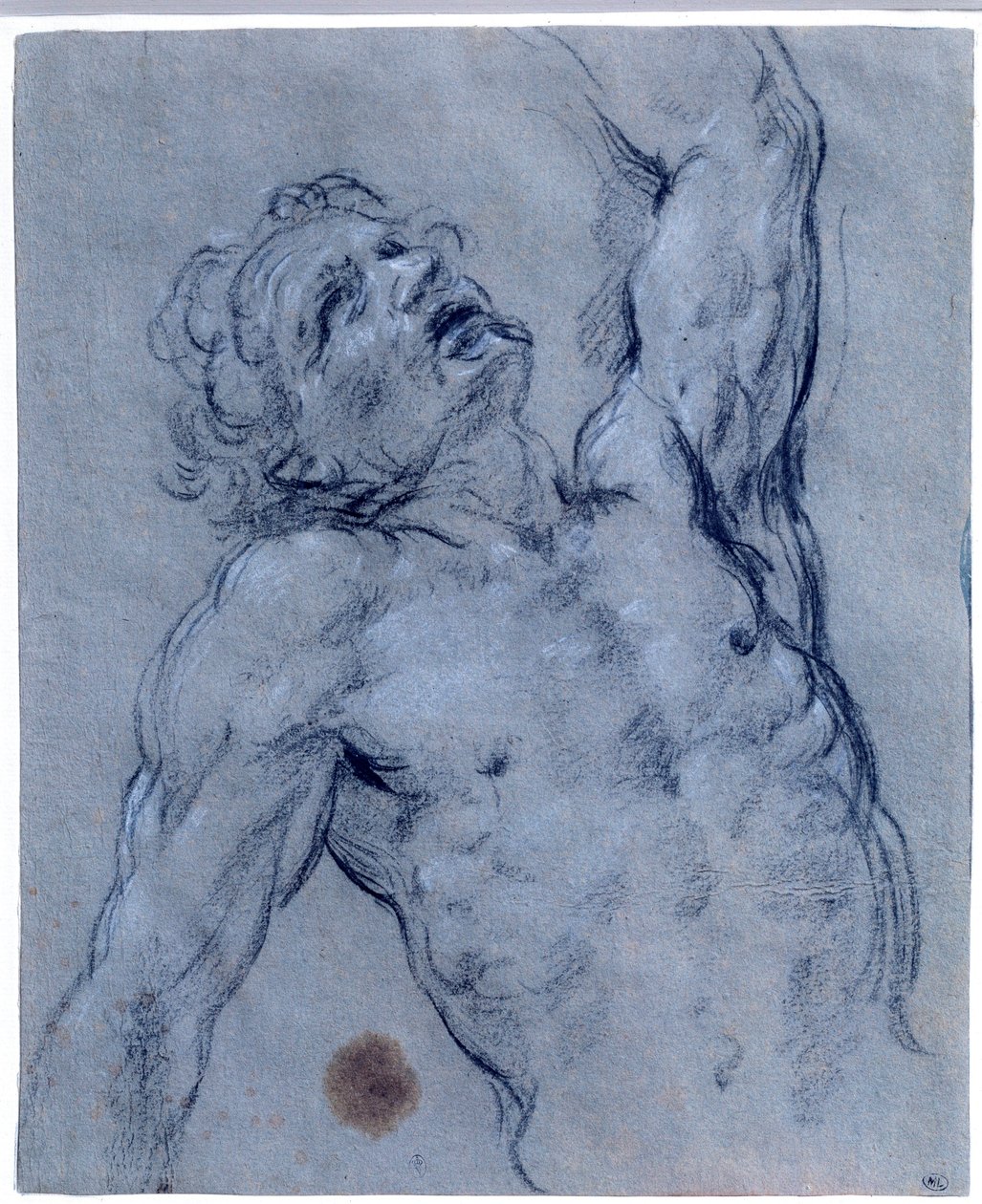 Halvfigur av naken man, vänder sig bakåt och låtsas lida Svart stenteckning av Guido Reni kallad Guiden (1573-1642). Sön 0,26x0,21 m Paris, Louvren av Guido Reni