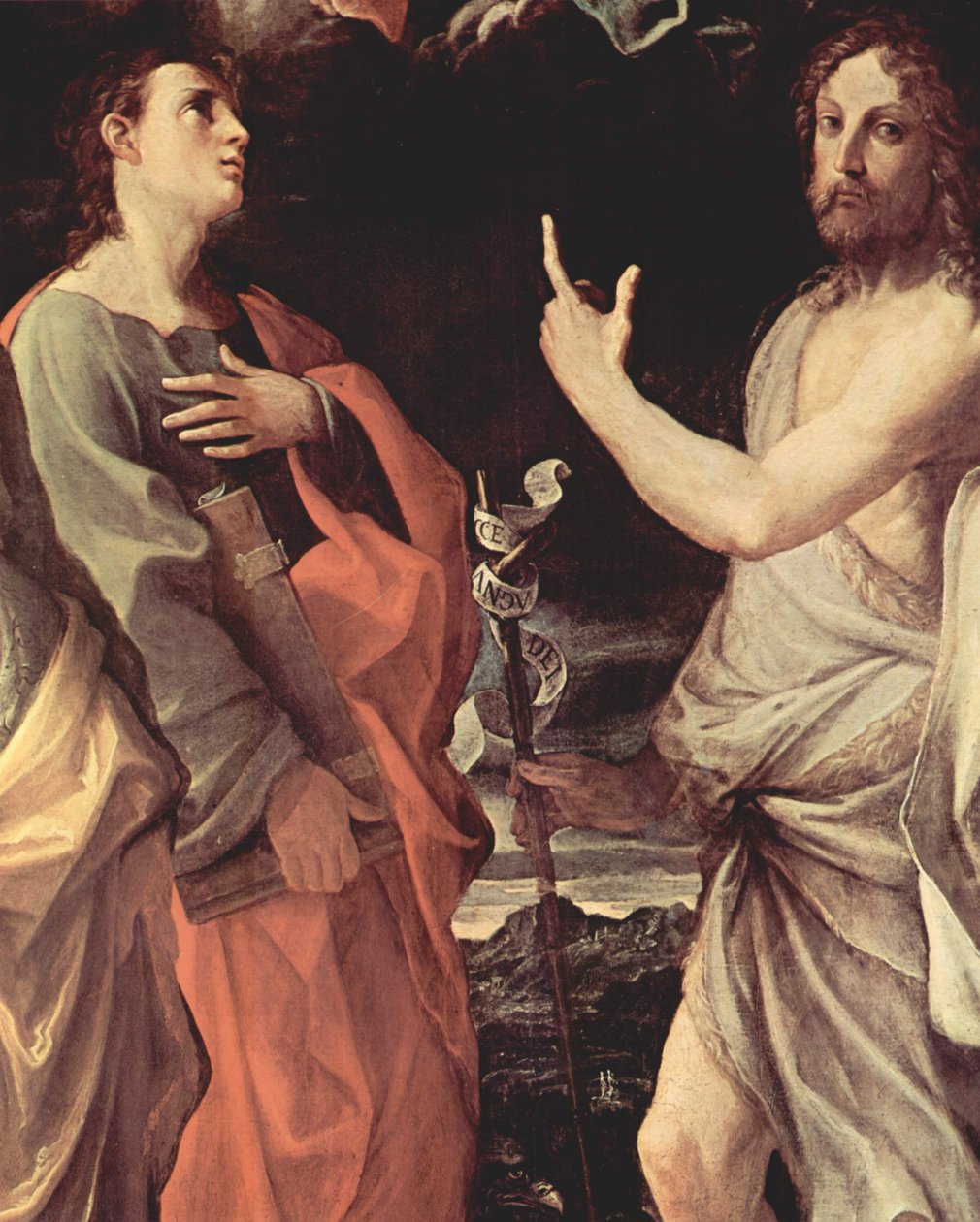 Italienska: Jungfrukröning med helgonet Johannes evangelisten, Johannes döparen, Bernhard och Katarina av Alexandria, Detalj: Johannes evangelisten och Johannes döparen av Guido Reni