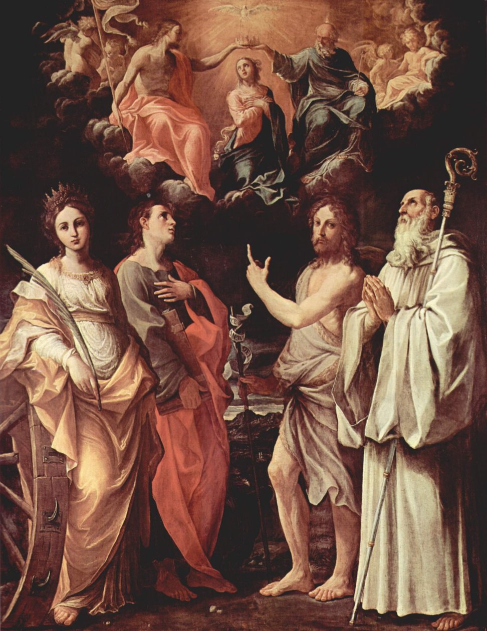 Italienska: Jungfruns kröning med helgonet Johannes evangelisten, Johannes döparen, Bernhard och Katarina av Alexandria av Guido Reni