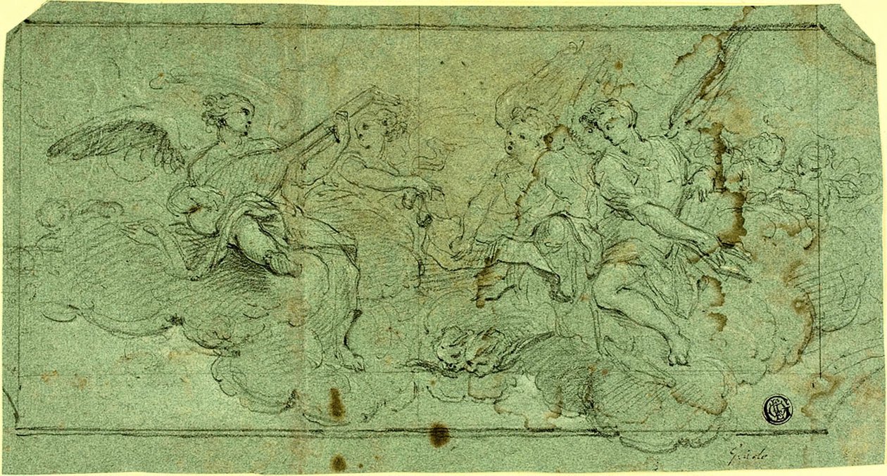 Musiker änglar i moln (rekto); Sittande präst (verso) av Guido Reni