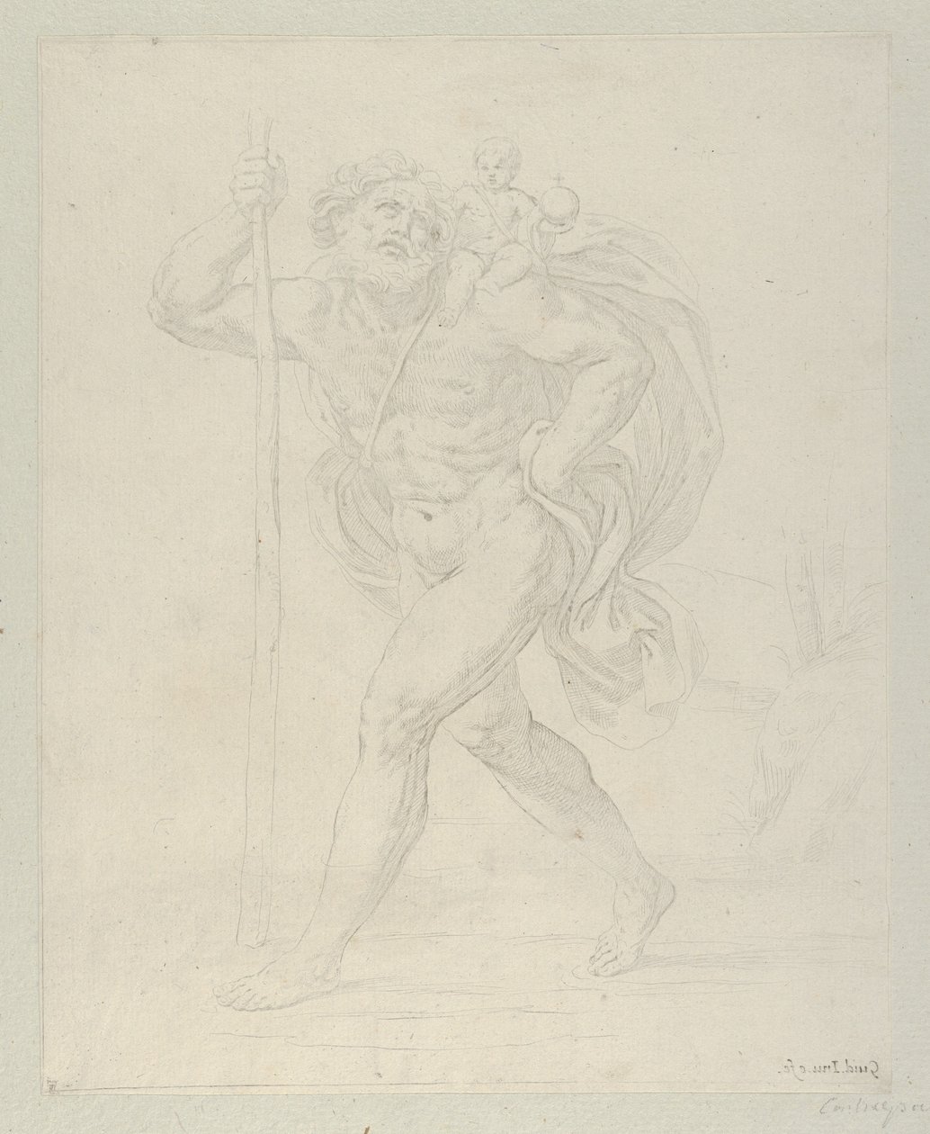 Saint Christopher går med spädbarnet Kristus på vänster axel, motpro..., ca. 1600-1640. av Guido Reni