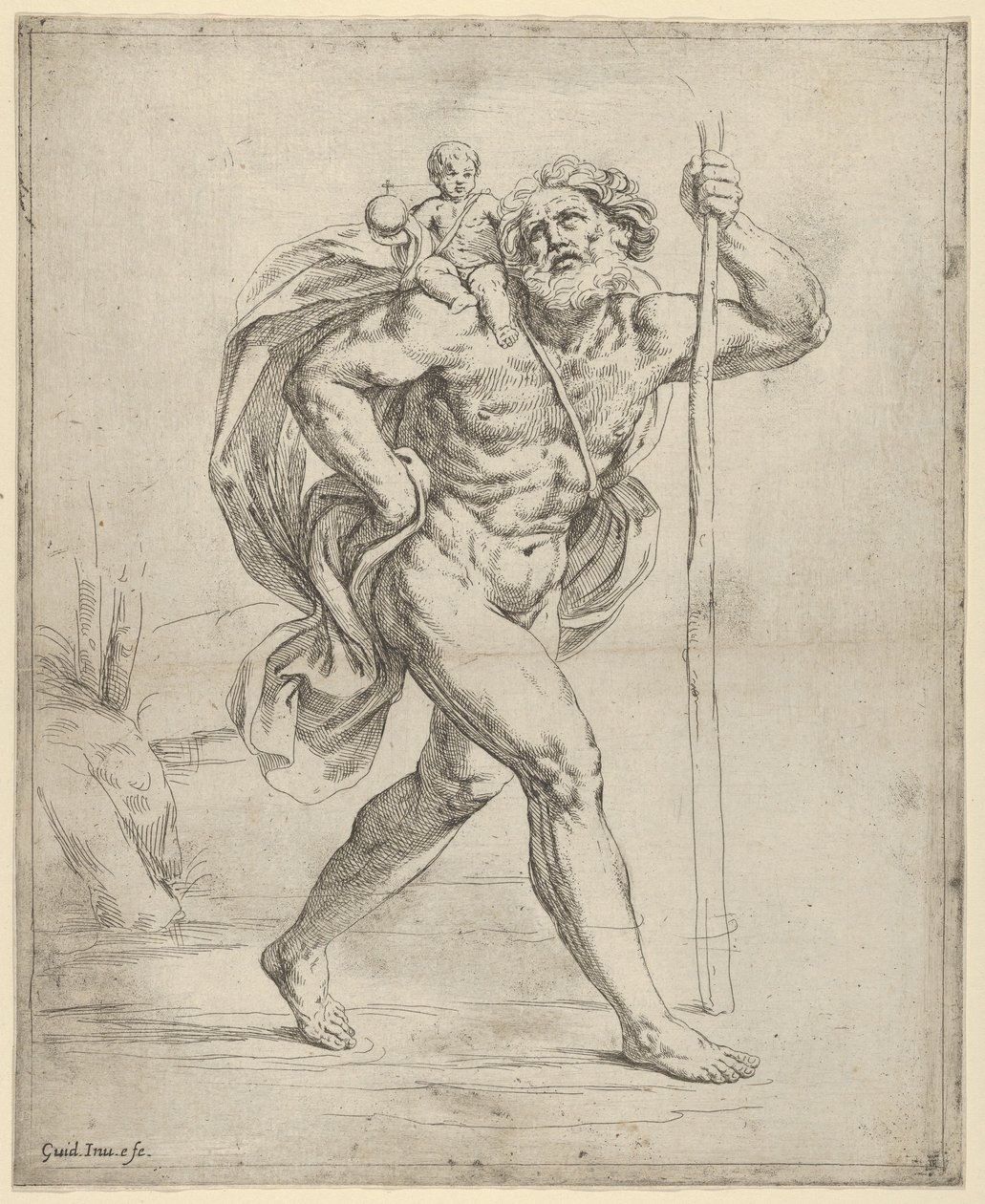 Saint Christopher går med spädbarnet Kristus på sin högra axel, ca. 1600-1640. av Guido Reni